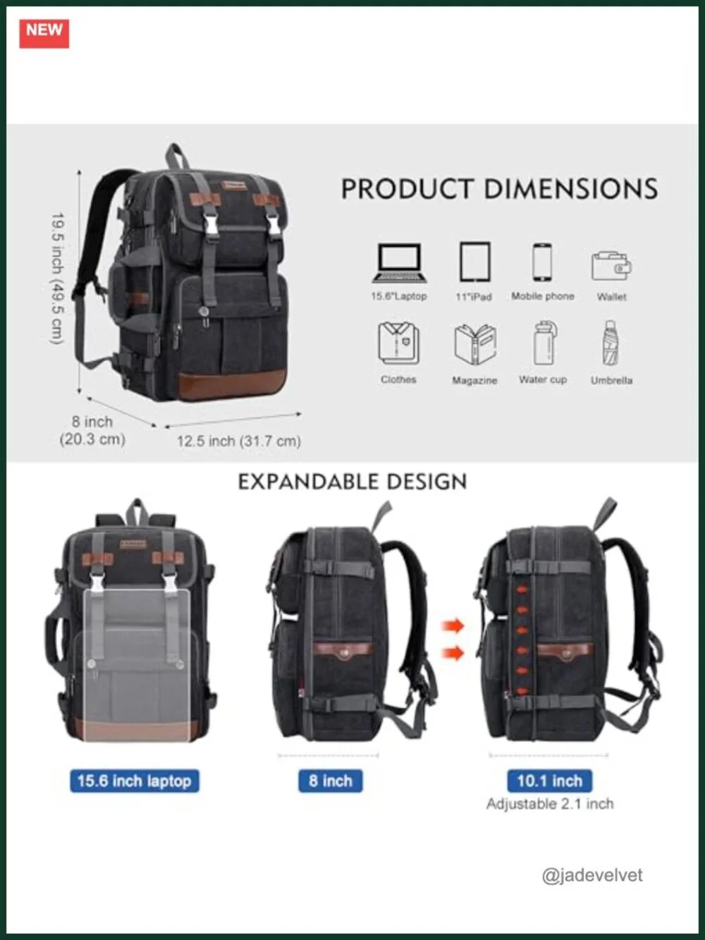 Expandable Canvas Travel Backpack for Men, Fits 16 Inch Laptop, Convertible